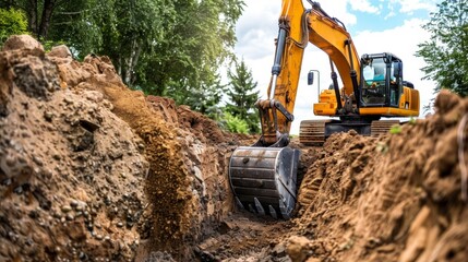 Excavator Digging Trench In Construction Site.