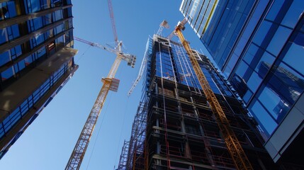 Fototapeta premium Construction of modern office building with cranes.
