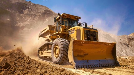 Yellow Bulldozer Moving Dirt in a Quarry.