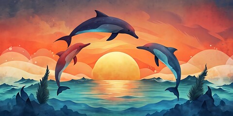 Dolphin Pod Leaping at Sunset as Wallpaper or Poster Design