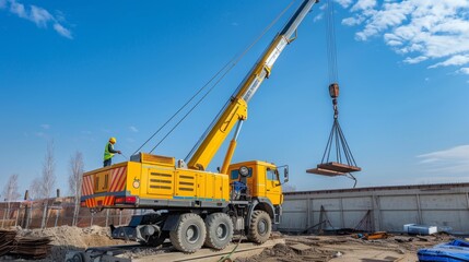 Fototapeta premium Construction Crane Lifting a Metal Sheet.