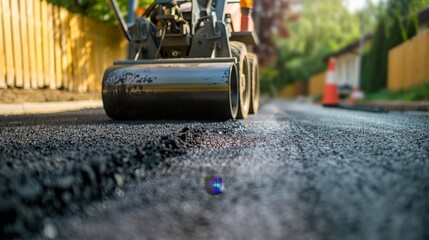 Asphalt Roller Compacting Freshly Laid Asphalt.