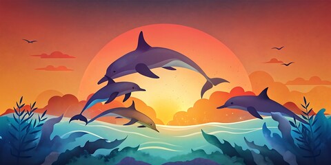 Dolphin Pod Leaping at Sunset as Wallpaper or Poster Design