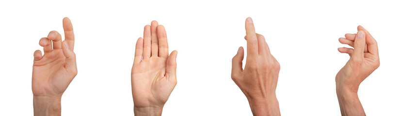 Hands touching, reaching, gesturing with palm, finger isolated on white background, set.