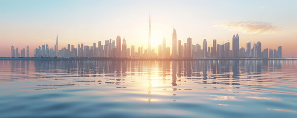 Sunset over a modern city with skyscrapers and clear sky, their reflections on the water highlighting the financial district