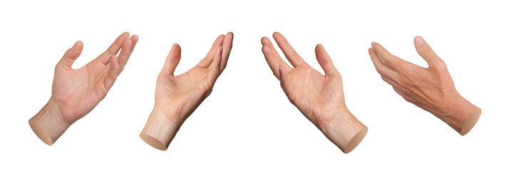 Hands, palms reaching out, stretching to something, isolated on white background, set..