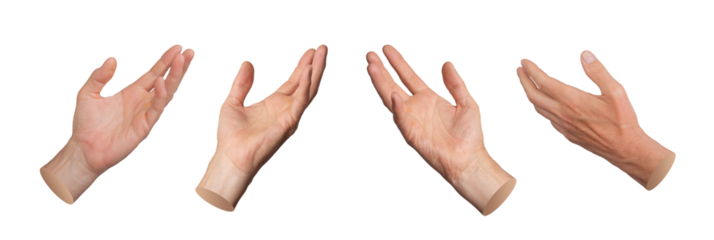 Hands, palms reaching out, stretching to something, isolated on white background, set..