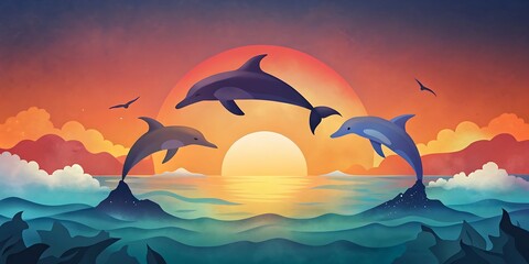 Dolphin Pod Leaping at Sunset as Wallpaper or Poster Design