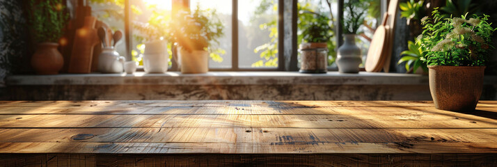 Background with kitchen table, wood counter top on blur of white clean abstract home interior with bokeh.