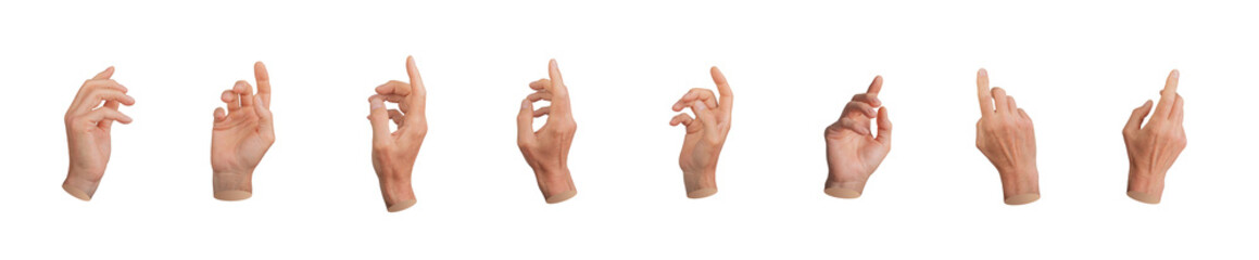 Index finger indicating, pointing. Hand touching, reaching out, pointer isoalted on white background, set.