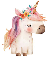 Cute cartoon unicorn on a white background, hand-painted watercolor illustration.	