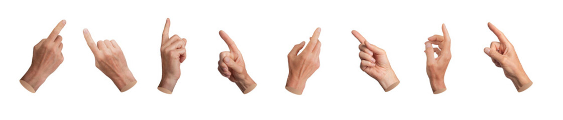 Index finger, pointer indicating, pointing to different sides, angles. Hand touching, reaching out, isolated on white background, set.