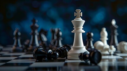 White Chess King among lying down black pawns on chessboard dark blue background