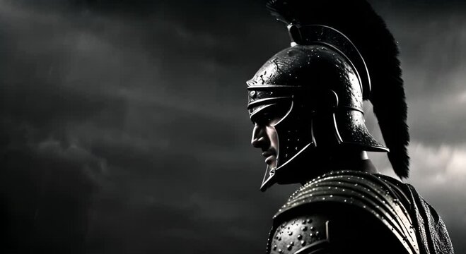 silhouette of a spartan warrior with rain on a dark background