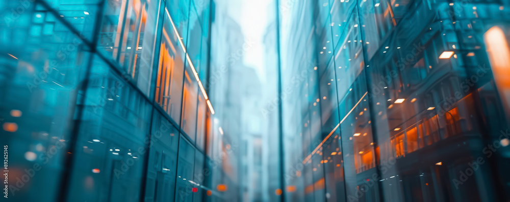 Poster abstract cityscape background with glass building and skyscrapers in the blurry backdrop. a panorami