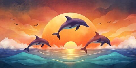 Dolphin Pod Leaping at Sunset as Wallpaper or Poster Design
