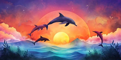 Dolphin Pod Leaping at Sunset as Wallpaper or Poster Design