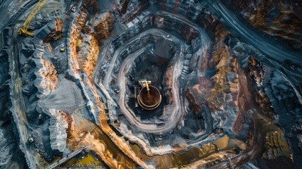 Aerial view of a diamond mine with heavy machinery extracting ore from the earth.