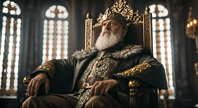 old fantasy king with grey beard sitting on an iron throne in a palace