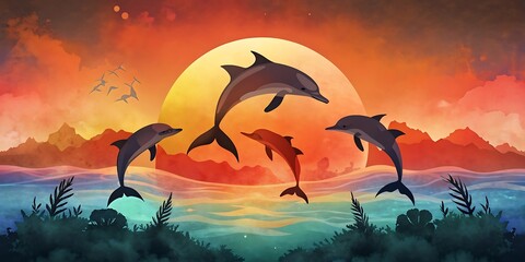 Dolphin Pod Leaping at Sunset as Wallpaper or Poster Design