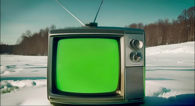 zoom in and out on vintage retro tv with chroma key green screen in a snowy field