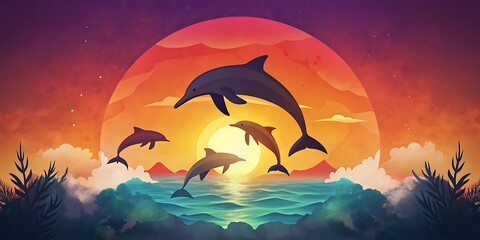 Dolphin Pod Leaping at Sunset as Wallpaper or Poster Design