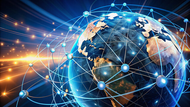 A stylized globe with interconnected news circles, radiating satellite signals, surrounded by a bold, modern font, conveying global connectivity and journalistic excellence.