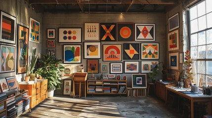 Modern Art Studio with Geometric Paintings on Display in Sunlit Industrial Space