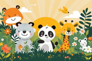 Fototapeta premium Cute Animal Friends in a Sunny Meadow