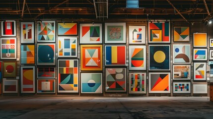 Vibrant Abstract Art Gallery with Colorful Geometric Paintings Displayed on Industrial Brick Wall