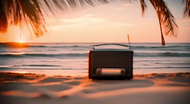retro radio on the beach at sunset