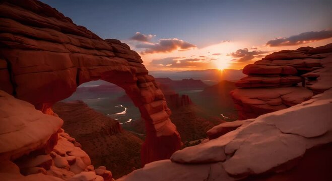 looking through a red rock arch in at sunset 