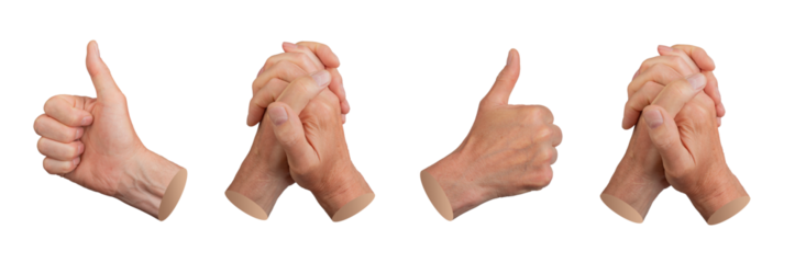 Thump up sign, supporting intertwined fingers, approving thumbup, entwined hands, gestures set, isolated on white background, set..