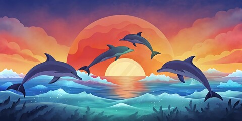 Dolphin Pod Leaping at Sunset as Wallpaper or Poster Design