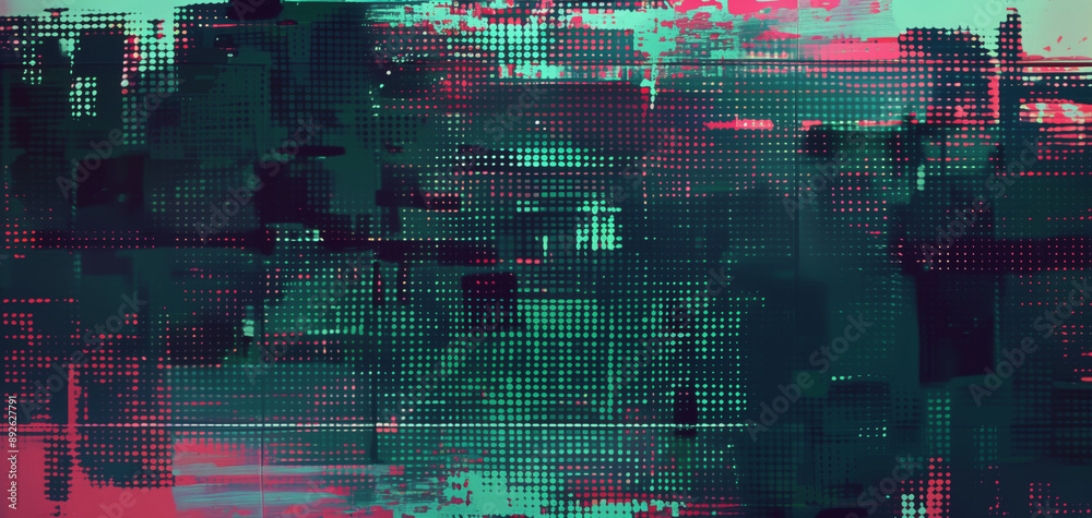 Poster abstract neon color glitch texture with dots and grids pattern for test screens