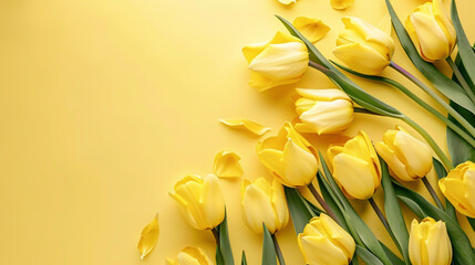 Yellow pastels color tulips on yellow background.