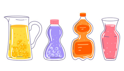 Juice and lemonade water with fresh berry and fruit bottle isolated set. Vector flat graphic design element illustration