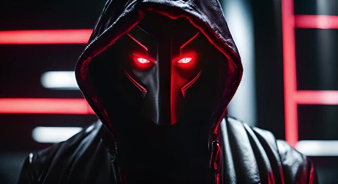 cyberpunk hooded hacker clone with glowing red eyes