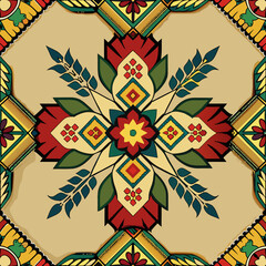 flower embroidery on cream background. ikat and cross stitch geometric seamless pattern ethnic oriental traditional. Aztec style illustration design for carpet, wallpaper, clothing, wrapping, batik