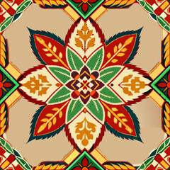 flower embroidery on cream background. ikat and cross stitch geometric seamless pattern ethnic oriental traditional. Aztec style illustration design for carpet, wallpaper, clothing, wrapping, batik