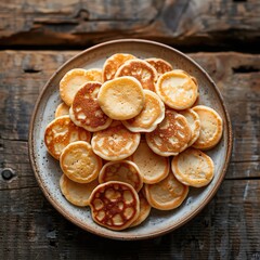 A plate of tiny pancakes. The pancakes are golden brown and look delicious.