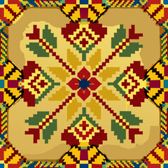 flower embroidery on cream background. ikat and cross stitch geometric seamless pattern ethnic oriental traditional. Aztec style illustration design for carpet, wallpaper, clothing, wrapping, batik