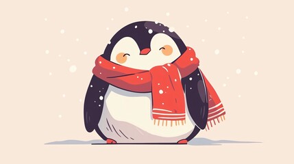 Fototapeta premium Cute Flat Art Style Penguin Wearing Red Scarf on Isolated Background