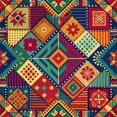 embroidered pattern. Wavy bohemian print. Patchwork ornament