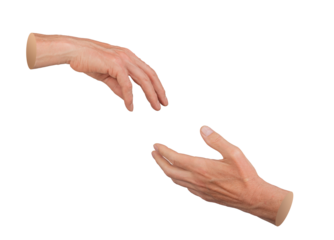 Two hands reaching to each other for love, unity, help, stretching out, isolated on white background..