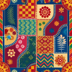 embroidered pattern. Wavy bohemian print. Patchwork ornament