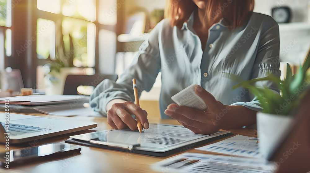 Poster a businesswoman working at a desk, analyzing data on a tablet with a smartphone and documents in a m