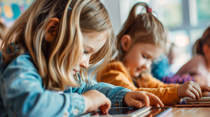 Young Children Engaged in Learning on Tablets in Classroom