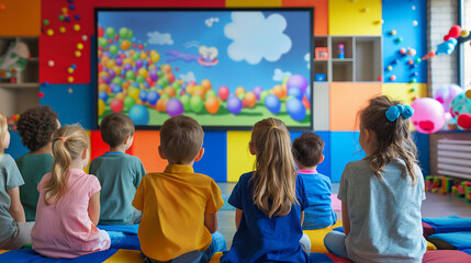 Children Watching Cartoon in Colorful Playroom, Diversity, Fun