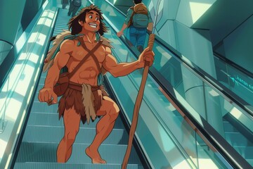 primitive caveman on the steps of an escalator in the subway